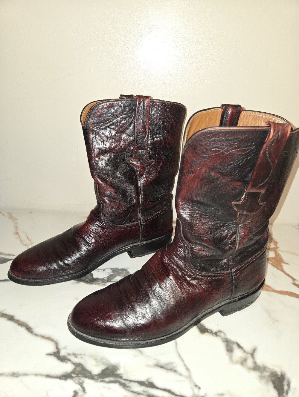 Lucchese Black Cherry Ostrich Smooth  Skin Roper Mens Boots, Size 9 1/2 D